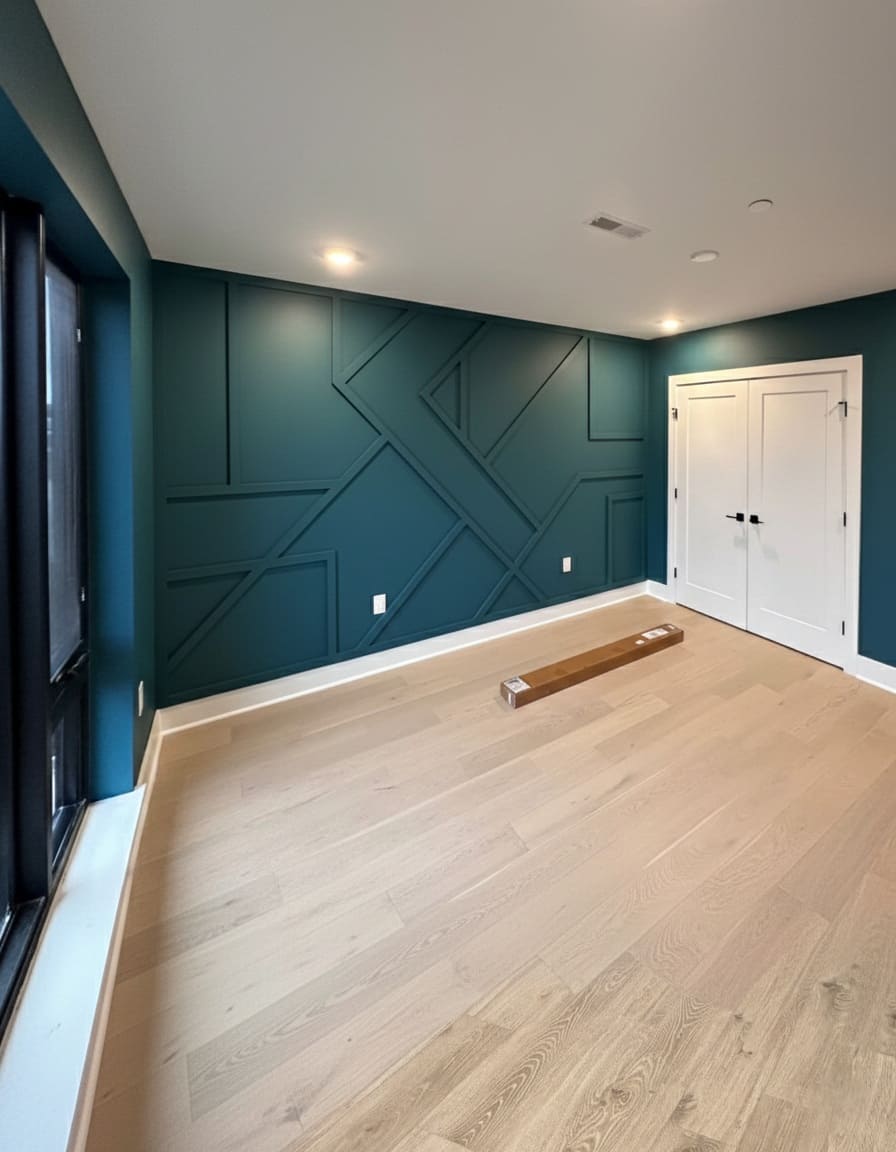 Dark-Teal-Geometric-Accent-Wall-Design